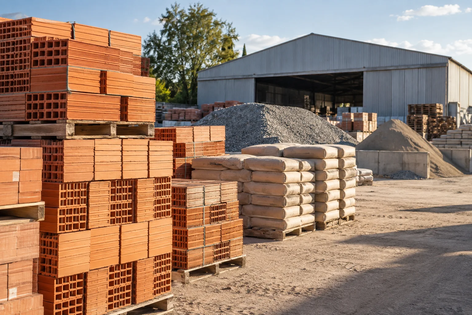 Patio de materiales ficticio con ladrillos, bolsas y áridos